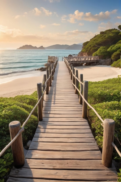 Closeup captures weathered wooden bridge planks at sunset