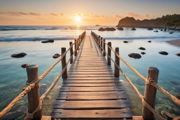 Closeup captures weathered wooden bridge planks at sunset