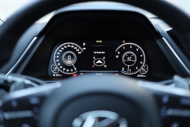 Closeup of a car dashboard with speedometer odometer and compass