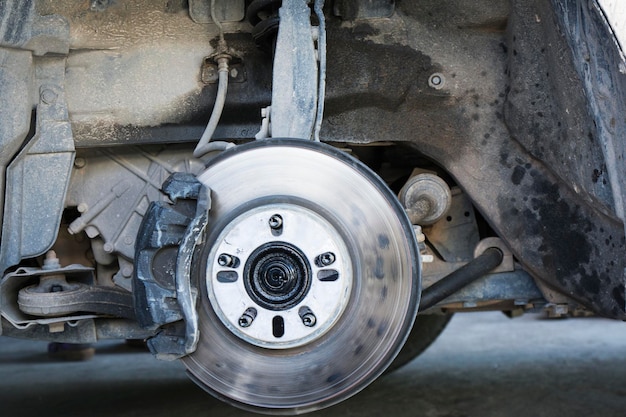 Closeup car disc brakes servicing