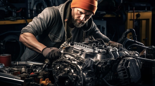 closeup of car engineer doing work on the car car mechanic fixing car engine car fixer doing work