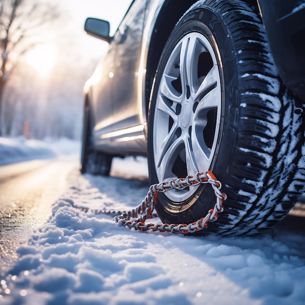 A closeup of a car's tires navigating a snowy road focusing on the tread and chains