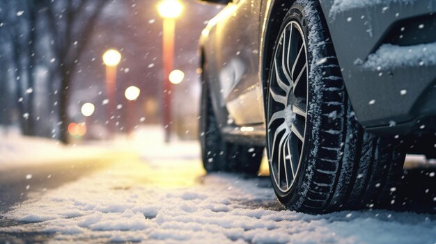 Closeup of car tires in winter the first snow in late autumn Generative AI