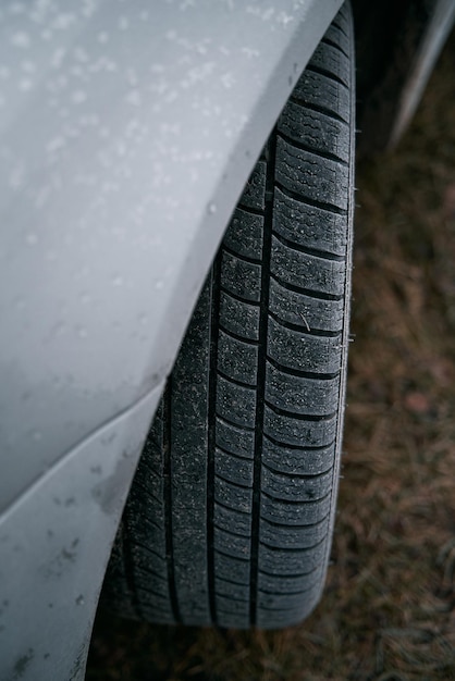 Closeup of car tires in winter on the road covered with snow Concept of transportation and safety during the winter season