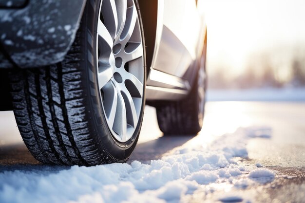 Foto close-up di pneumatici d'auto in inverno sulla strada coperta di neve