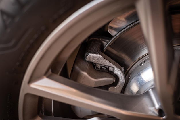 Closeup car wheels with silver brakes