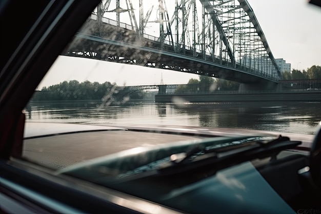 Closeup of car window with view of modern bridge crossing the river created with generative ai