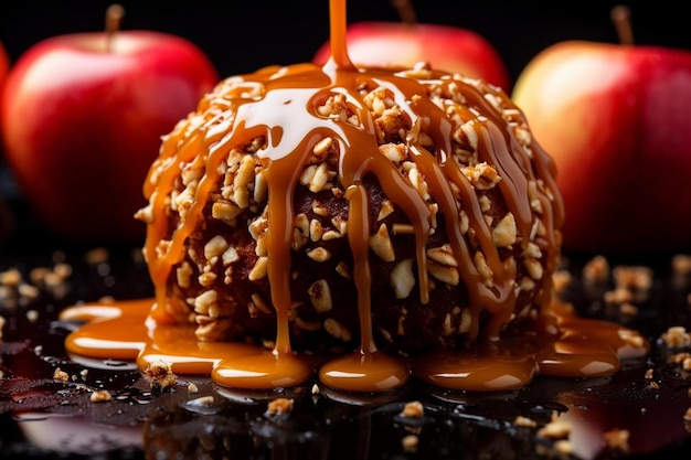 Closeup of a caramel apple with a caramel drizzle Best apple picture photography