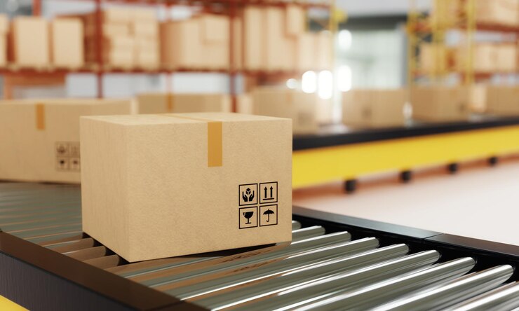 Closeup of cardboard boxes on roller conveyor with storage warehouse background Business logistics and Ecommerce transportation concept 3D illustration rendering