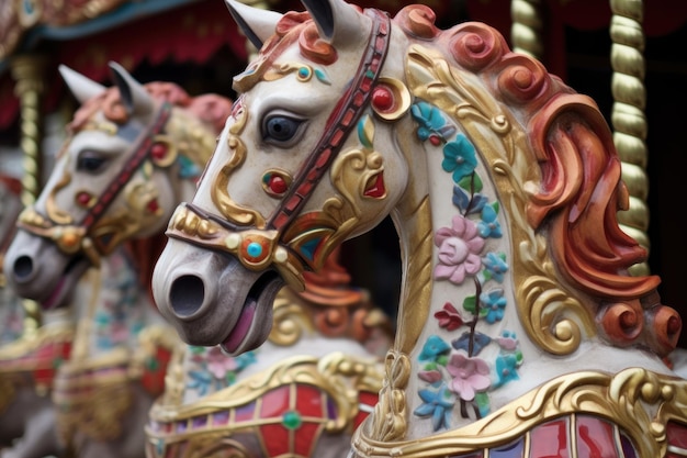 Closeup of carousel horses with ornate details created with generative ai