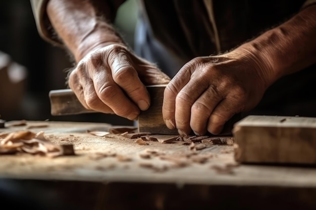 Closeup of carpenter hands at workshop measuring the wood Generative AI