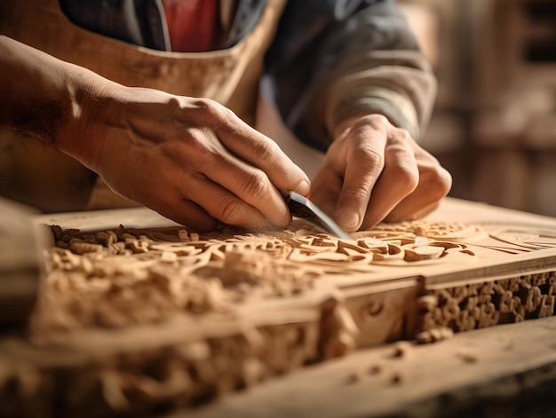 A closeup of a carpenter's hands working on a wooden piece Generative AI