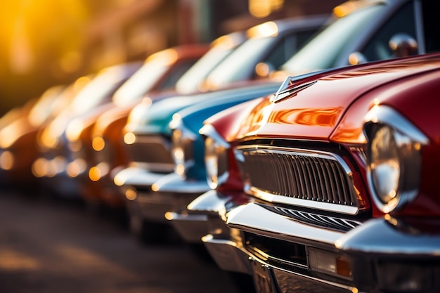 Photo closeup of cars parked at a car lot generative ai