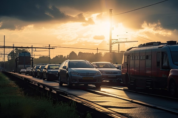 Closeup of cars waiting train at crossing with the sun peeking out from behind the clouds