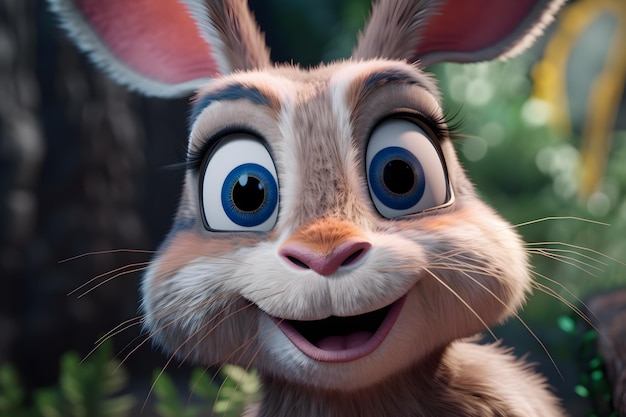 closeup of a cartoon Easter bunny's expressive eyes and smile