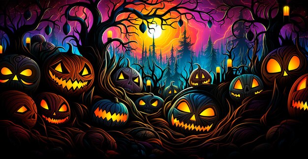 Closeup of carved Halloween pumpkins gloomy festive background AI generated image