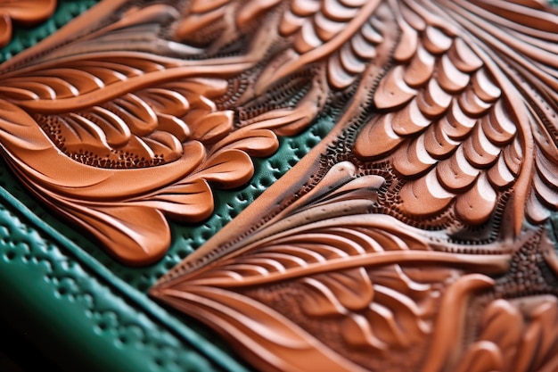 Closeup of carved leather pattern on a wallet created with generative ai