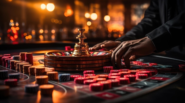 Photo closeup of casino player hand pushing all gambling chips coins in game board