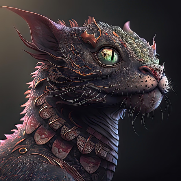 Closeup on a cat dragon with green eyes on a gradient background Scales magical animals lizard fantasy monster firebreathing high resolution art generative artificial intelligence