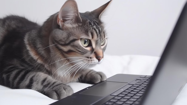 Closeup of a cat and a laptop on a white background Copy space