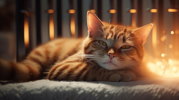 Closeup of a cat lying on a blanket near a heater Generative AI