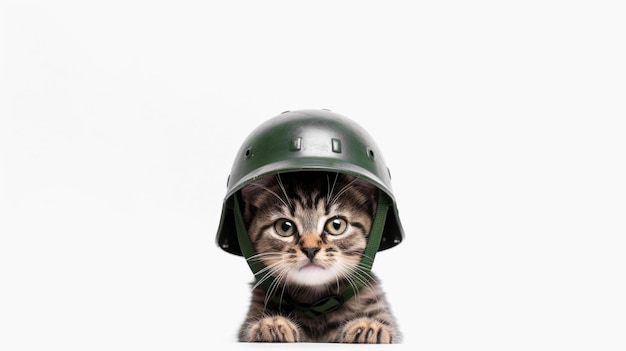 Closeup of a cat in a military helmet on a white background