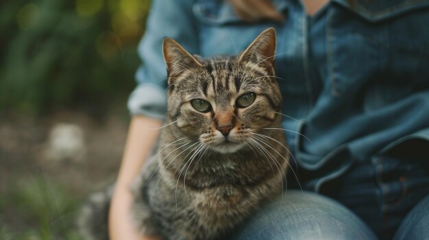 女性と一緒に座っている猫のクローズアップ