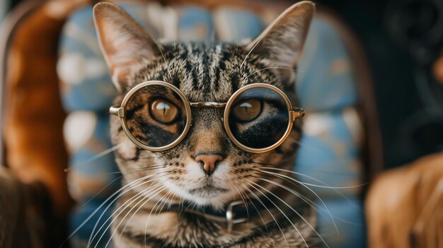 Клоуз-ап кошки в очках Кошка смотрит в камеру с любопытным выражением лица