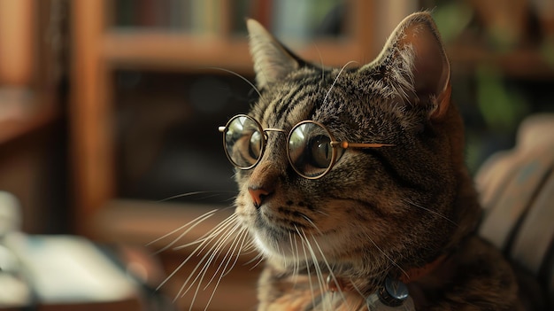 Photo a closeup of a cat wearing hornrimmed glasses the cat is looking to the right of the frame the background is blurry and consists of warm colors