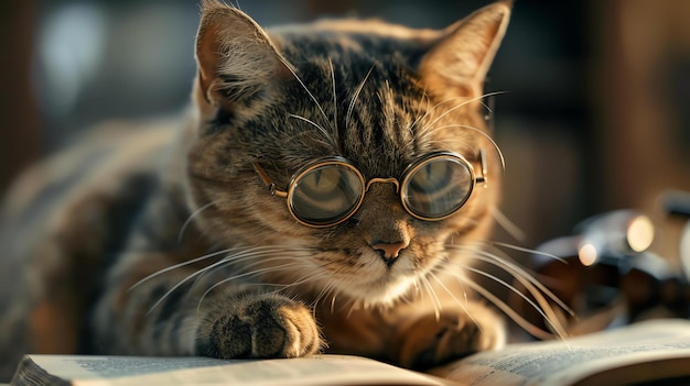 Photo a closeup of a cat wearing hornrimmed glasses looking at the camera with one paw resting on an open book