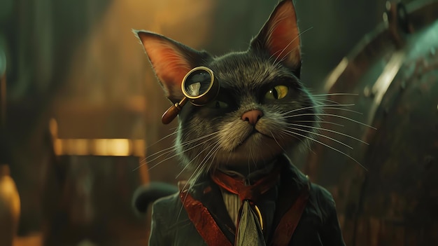 Photo a closeup of a cat wearing a monocle and a suit the cat is looking at the camera with a curious expression