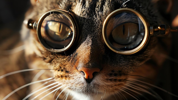 Photo a closeup of a cat wearing steampunk goggles the cat is looking at the camera with a curious expression