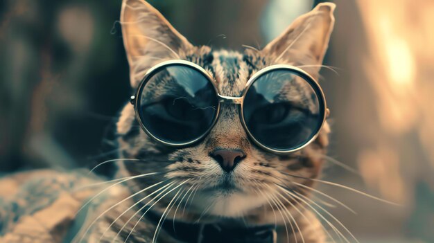 A closeup of a cat wearing sunglasses The cat is looking at the camera with a serious expression The cat is wearing a black collar with a tag