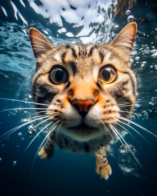 생선 눈 렌즈로 고양이의 클로즈업 귀여운 재미있는 반려동물 사진 AI 생성