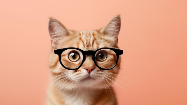 Closeup of a cat with glasses on a colored background