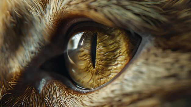 Photo a closeup of a cats eye the eye is a deep golden color and the pupil is a vertical slit the fur around the eye is short and light brown