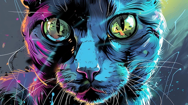 Клоуз-ап лица кошки с ярким красочным абстрактным фоном Кошка смотрит в камеру своими зелеными глазами