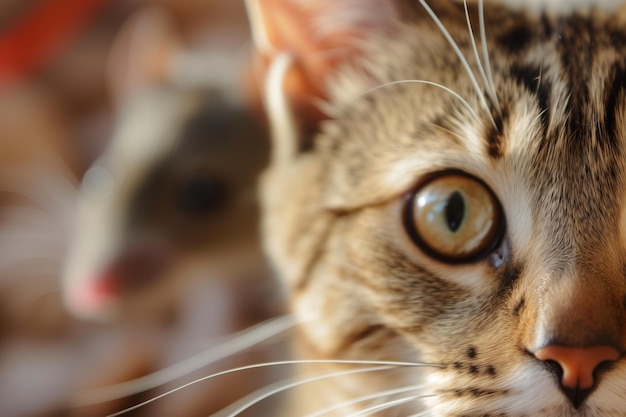 Closeup of cats face with focus on mouse in background