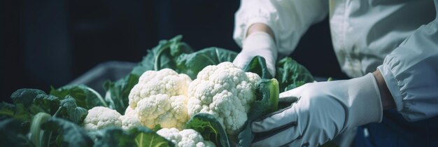 Foto close-up di cavolfiori nelle mani degli agricoltori