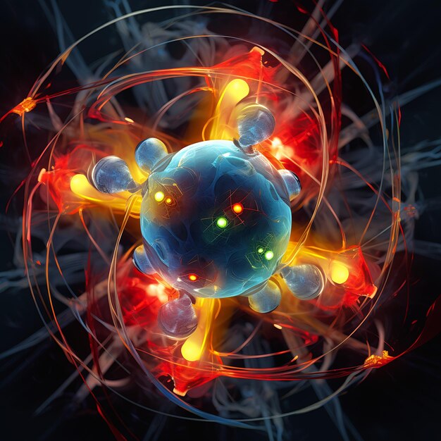 Photo closeup cell glowing red yellow lights atomic being itself abstract quantum product nuclear