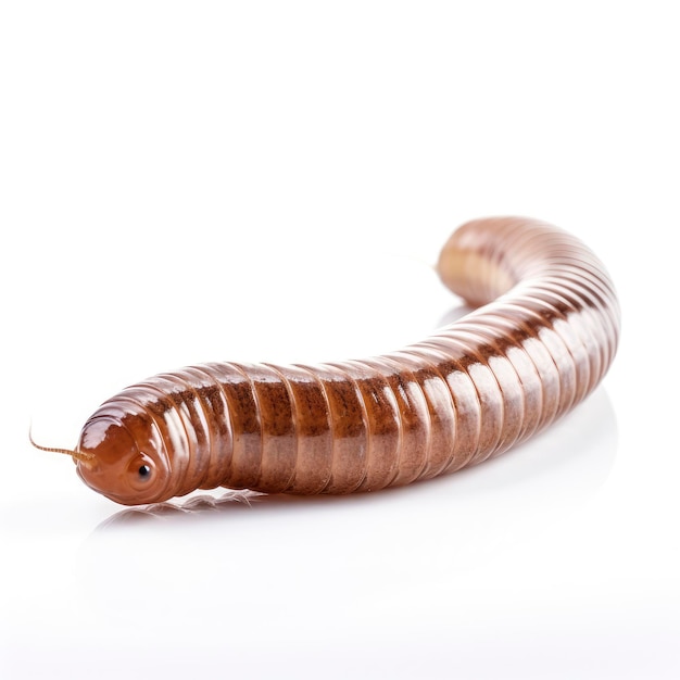 A closeup of a centipede on a white background