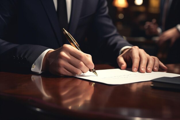 Closeup of a CEO signing IPO documents with a generative ai