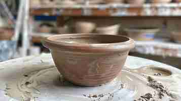 Photo a closeup of a ceramica bowl on a potters wheel the bowl is wet and has a smooth surface