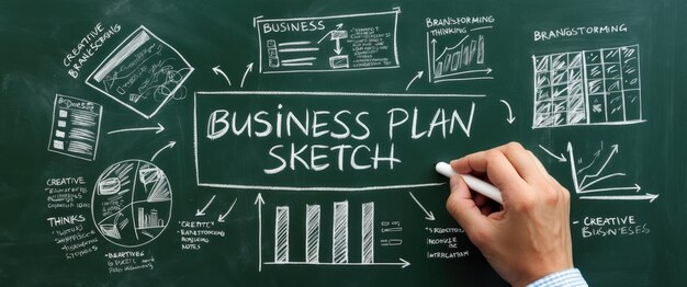 Photo closeup of a chalkboard with a hand drawn business plan sketch and graphs