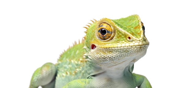 Foto closeup di un camaleonte pogona vitticeps isolato su bianco