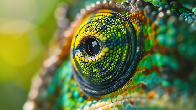 Foto un primo piano dell'occhio di un camaleonte l'occhio è di colore giallo-verde brillante con una pupilla nera