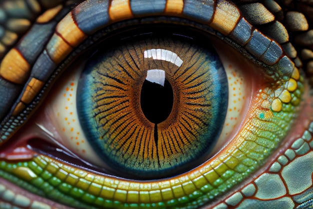 Closeup of chameleons eye with its unique pattern in full view