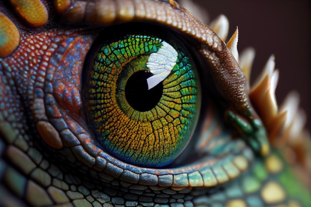 Closeup of chameleons eye with its unique pattern in full view