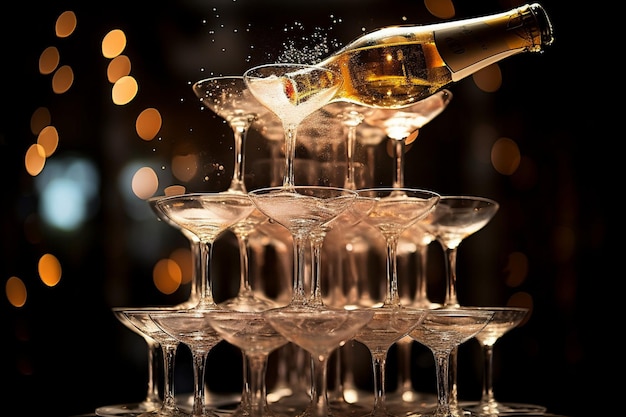 Closeup of a champagne tower with cascading bubbles