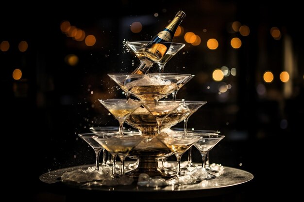 Closeup of a champagne tower with cascading bubbles